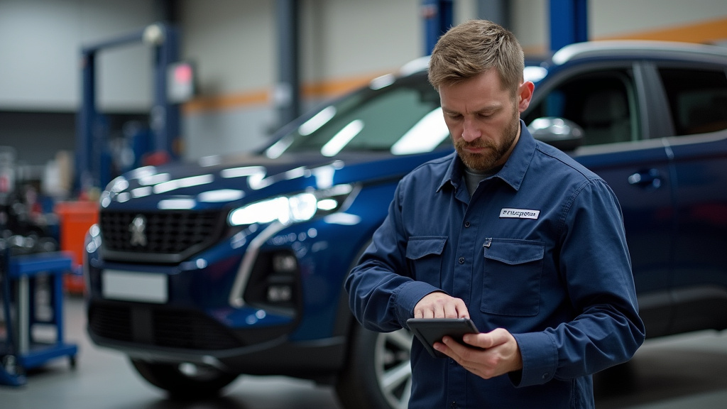 Technicien Peugeot spécialiste véhicules électriques en atelier
