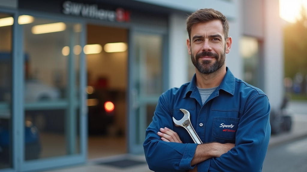 Mécanicien automobile travaillant dans un atelier moderne de centre Speedy