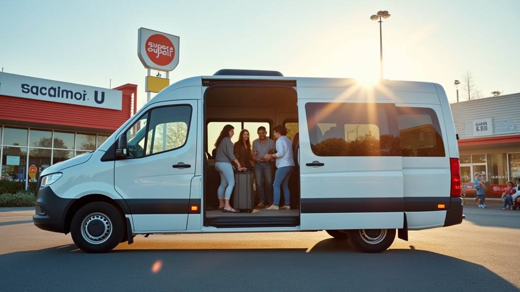 Famille souriante devant un minibus 9 places Super U